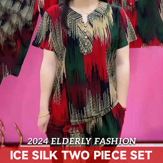 2024 Fashionable Ice Silk Two-piece Suit for Middle-aged and Elderly Mothers