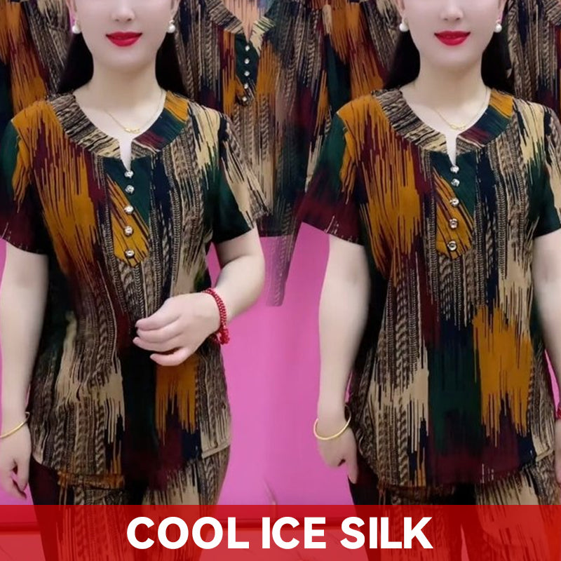 2024 Fashionable Ice Silk Two-piece Suit for Middle-aged and Elderly Mothers